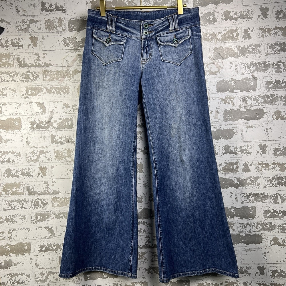 Vtg 90's Y2K Bongo Wide Leg Jeans 31x30 Sz 9 Wide Waistband Flap Pockets Bratz